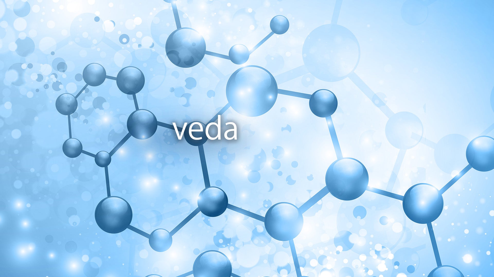Modrá molekulárna štruktúra so slovom 'veda' v strede