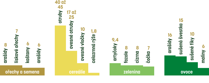 Sloupcový graf s potravinami s nejvyšším obsahem vlákniny na 100 gramů.