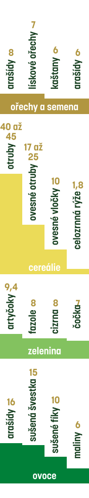 Sloupcový graf s potravinami s nejvyšším obsahem vlákniny na 100 gramů.