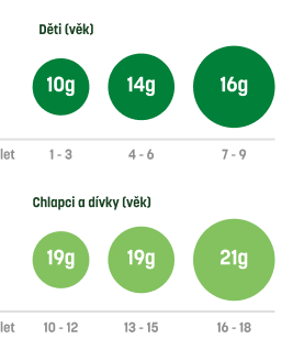 Graf doporučeného denního příjmu vlákniny podle věku dětí a dospívajících.